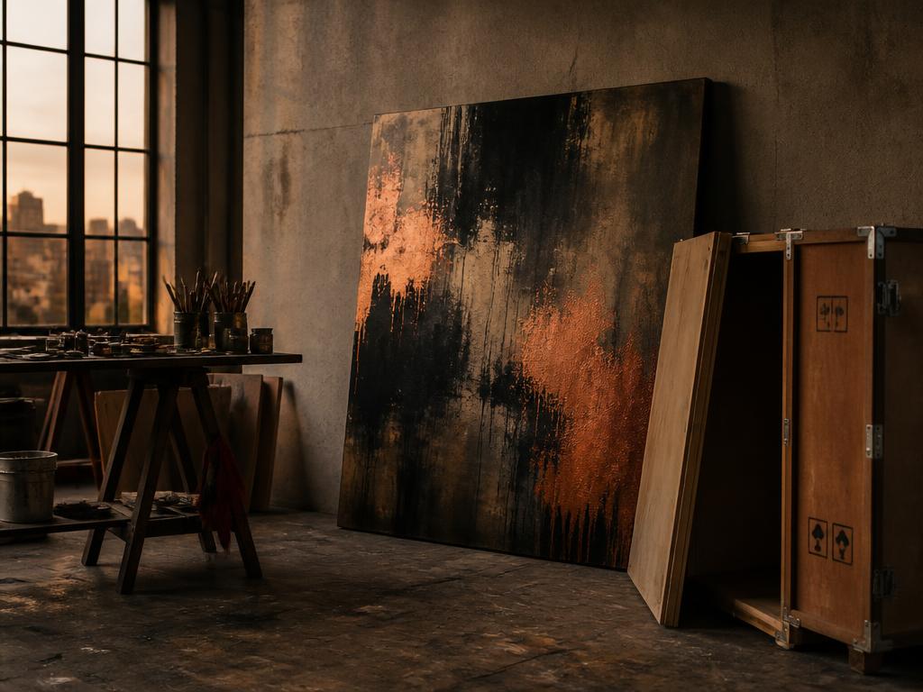 Bold abstract canvas and an open travel crate in a dusk-lit studio