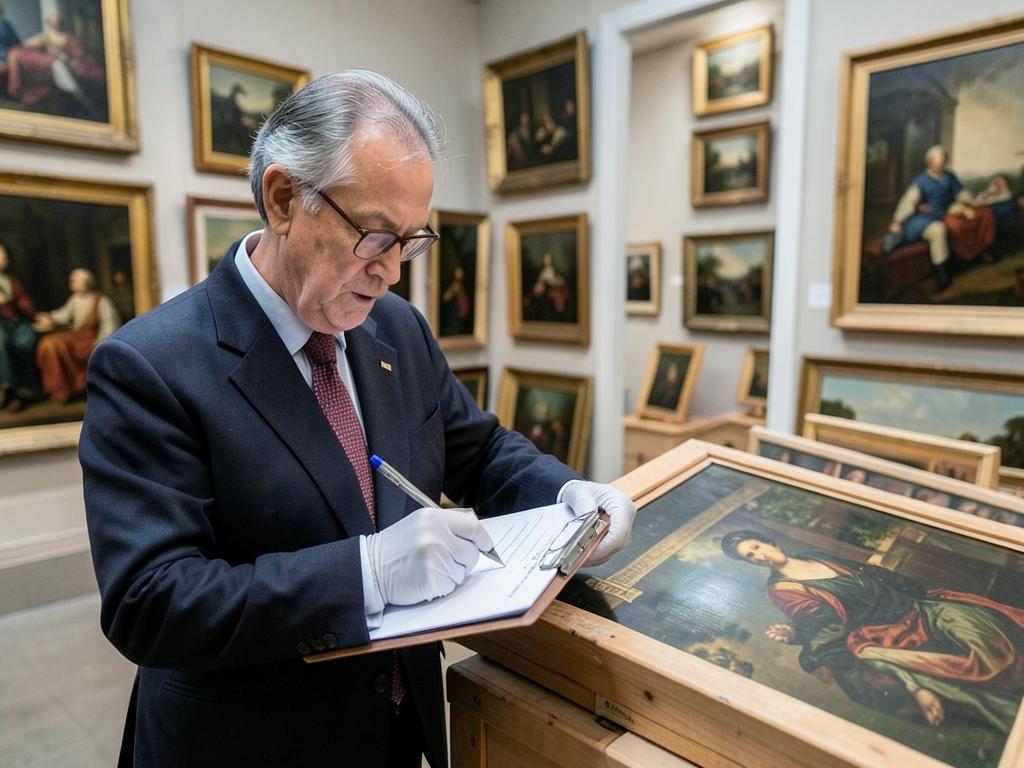 Registrar in gloves completing a condition report beside a crated painting