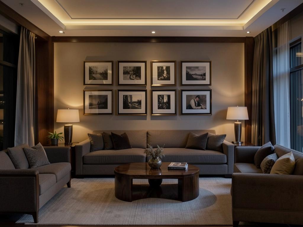 Framed artworks hung in an elegant private residence