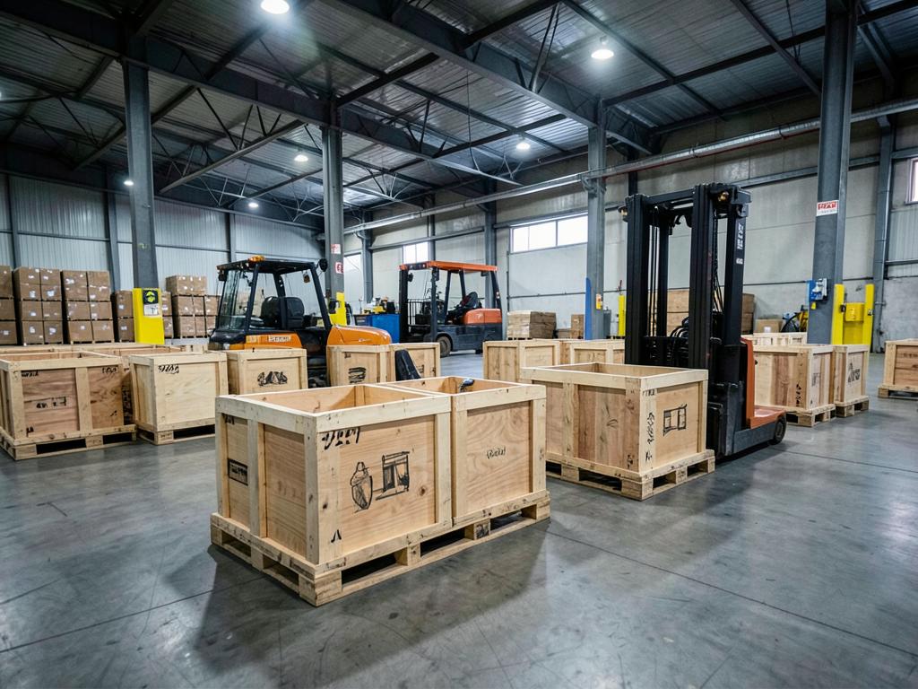 Wooden art crates on pallets in a freight warehouse
