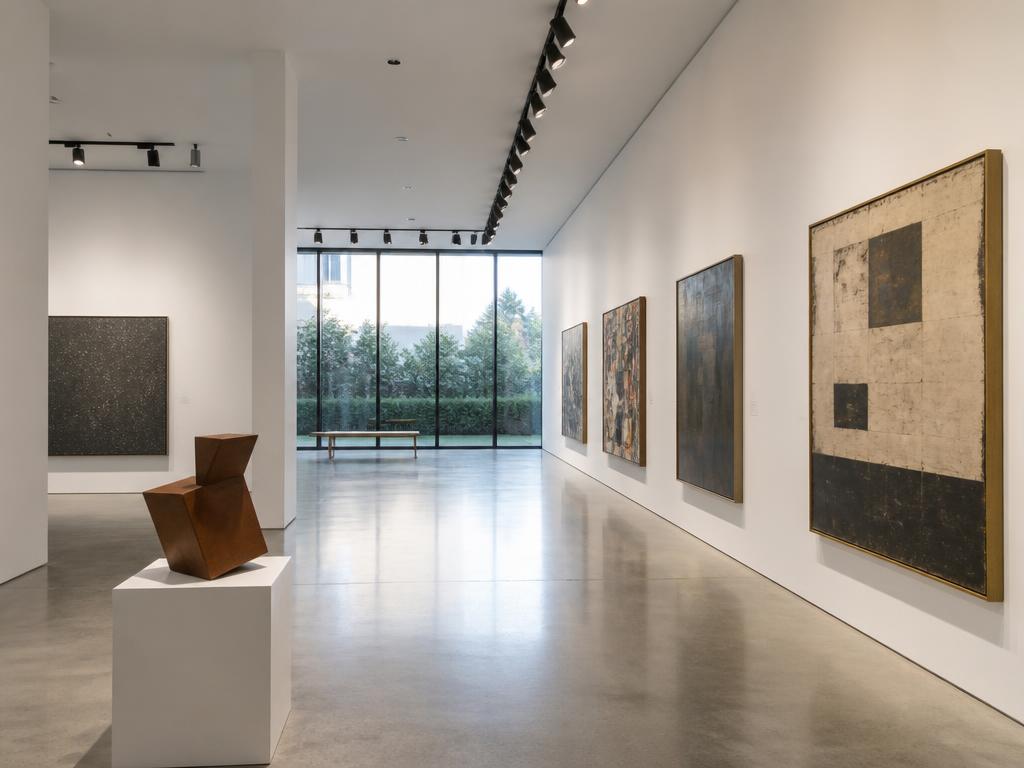 Contemporary gallery interior with framed paintings and a sculpture plinth