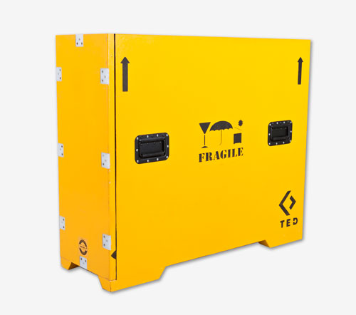 Custom-built yellow T.E.D. fine art crate