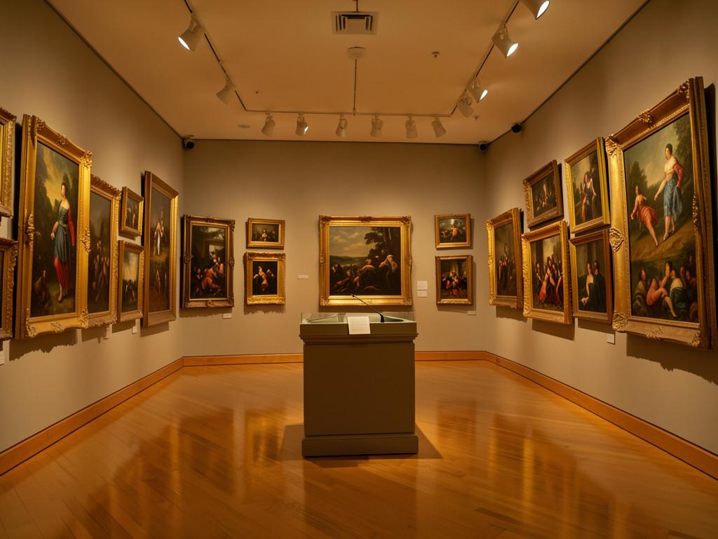 Auction house preview room hung with framed paintings