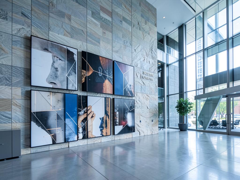 Contemporary artworks displayed in a corporate office lobby